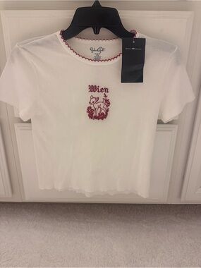 Brandy Melville White Tee with Red Wien & Fox Embroidery